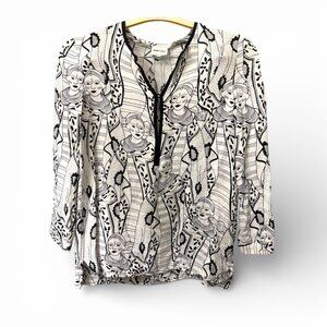 New Bimba y Lola Maasai Graphic Portrait Print V-Neck Blouse Small